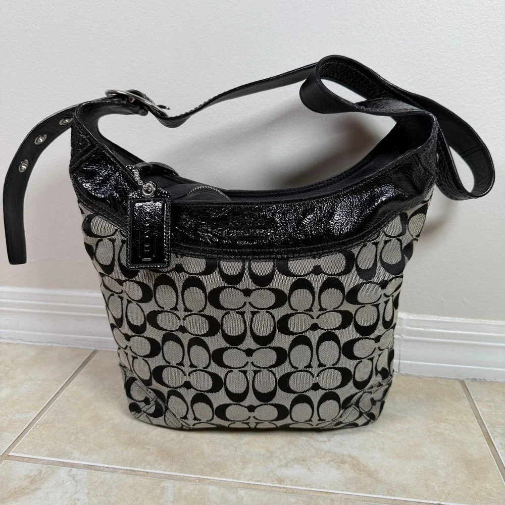 COACH Sophie Signature Jacquard Patent 12568 Shoulder Hobo Bag Medium Black